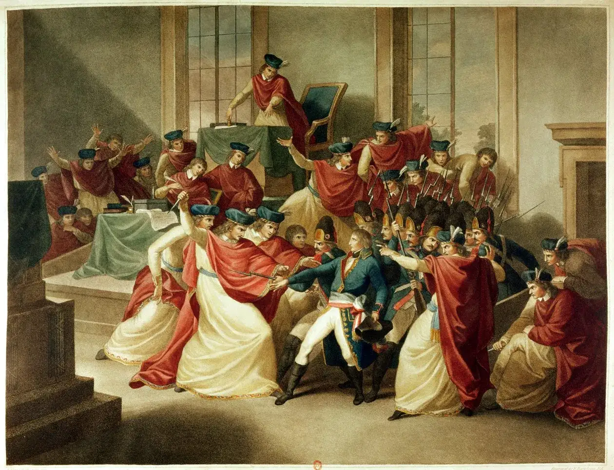 Napoleon inszeniert seinen Staatsstreich. Soldaten st&uuml;rmen einen Raum, in dem M&auml;nner in roten Roben protestieren.