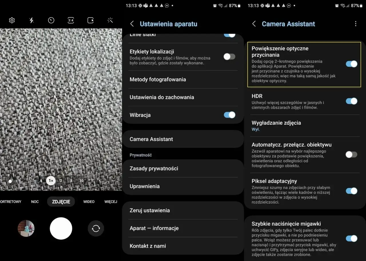 Ustawienia aparatu w telefonie Samsung. Włączono powiększenie optyczne przycinania, HDR i piksel adaptacyjny.
