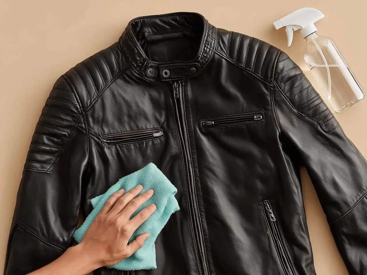 Schwarze Lederjacke wird mit einem Mikrofasertuch und Spr&uuml;hflasche gereinigt. Lederjacke waschen.