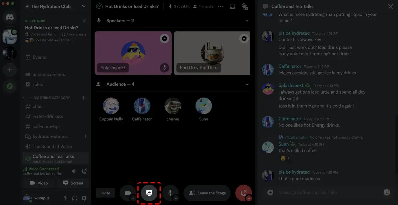 Discord co to? Widok rozmowy na żywo z użytkownikami dyskutującymi o napojach. Ikona udostępniania ekranu jest podświetlona.