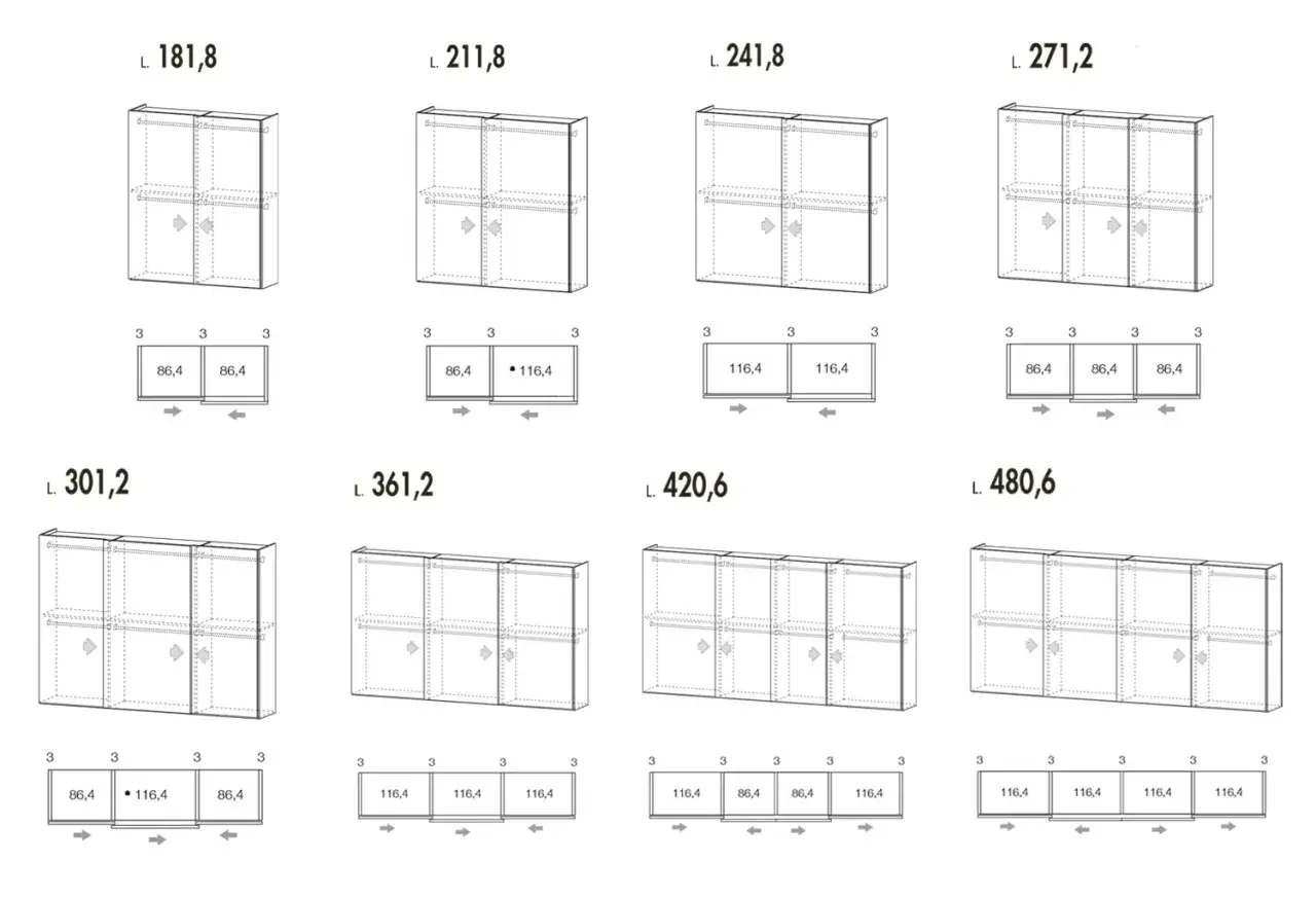 Schemi di armadi con diverse lunghezze. La profondità minima armadio è indicata per ogni modulo.