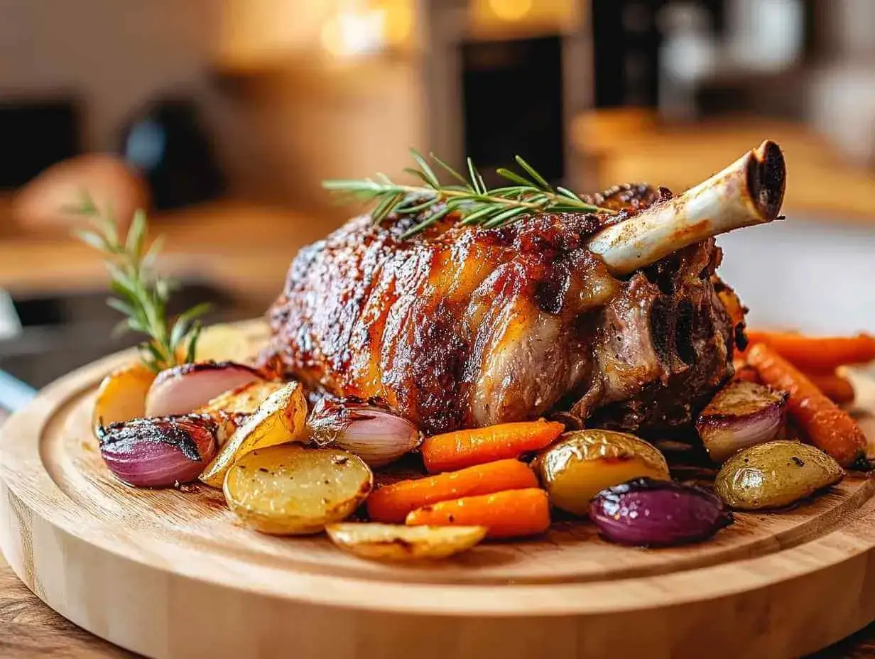 Un succulent jarret de porc au four, rôti à la perfection, servi avec des légumes racines caramélisés et une touche de romarin.