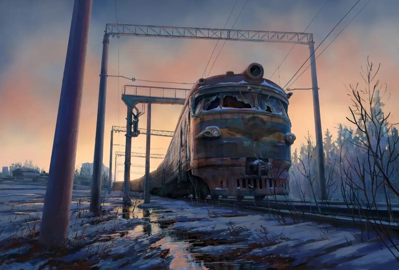 Un train rouillé et abandonné sur des rails gelés, évoquant une scène de Transperceneige saison 4. Le ciel crépusculaire ajoute à l'atmosphère désolée.