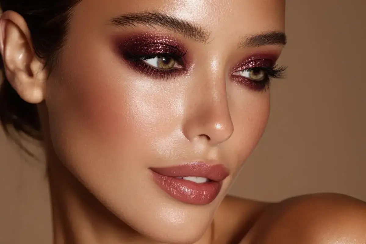 Ojos brillantes con sombras borgoña y labios rosados. Un look de maquillaje de noche natural que resalta la belleza.
