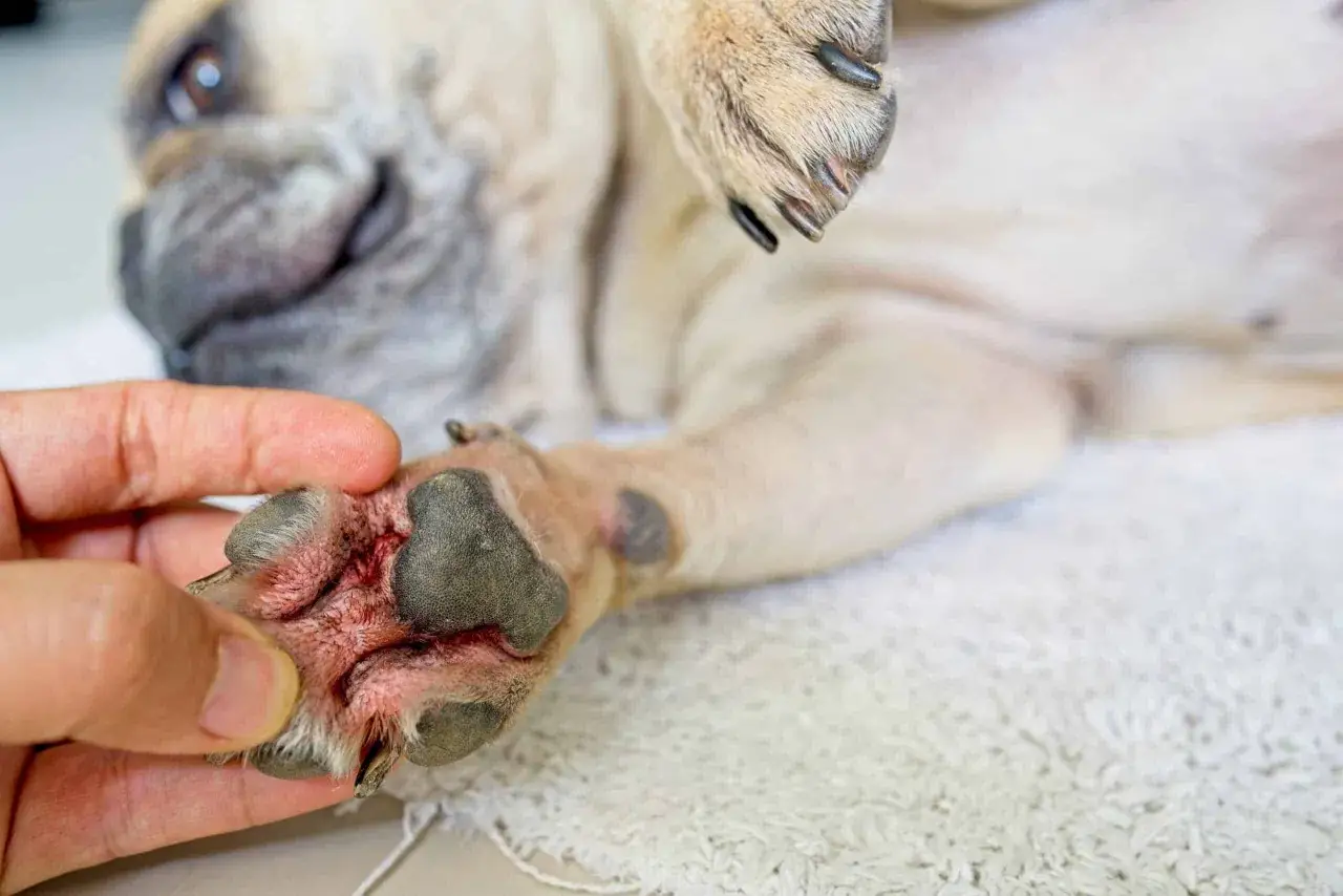 Ein Mensch untersucht die Pfote eines Hundes mit Anzeichen von Dermatitis. Die Haut ist gerötet und entzündet.