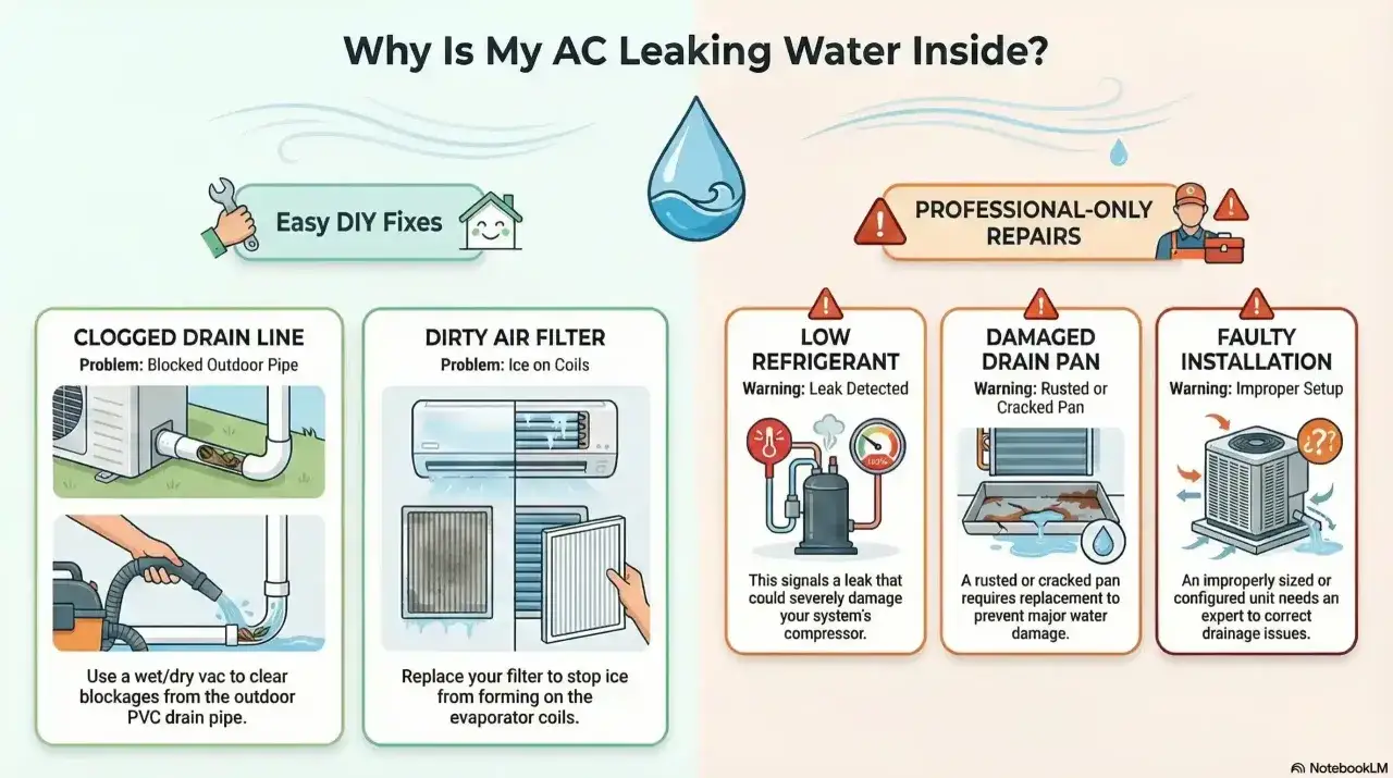 Il condizionatore perde acqua dall'unit&agrave; interna a causa di un tubo di scarico ostruito, un filtro sporco o un'installazione errata.