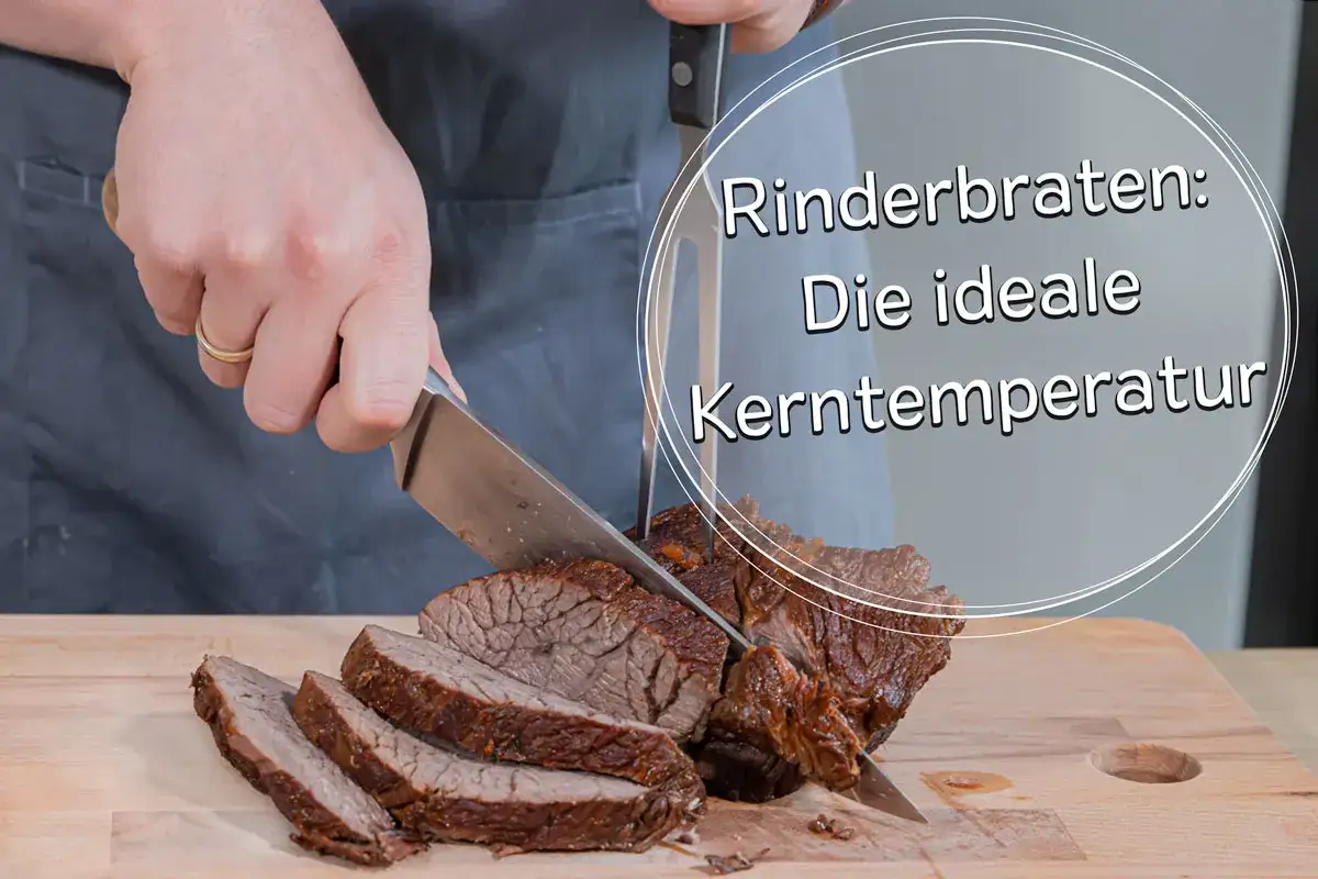 Ein saftiger Rinderbraten (ca. 1 kg) wird auf einem Holzbrett in Scheiben geschnitten. Die ideale Kerntemperatur ist entscheidend f&uuml;r perfekten Genuss.