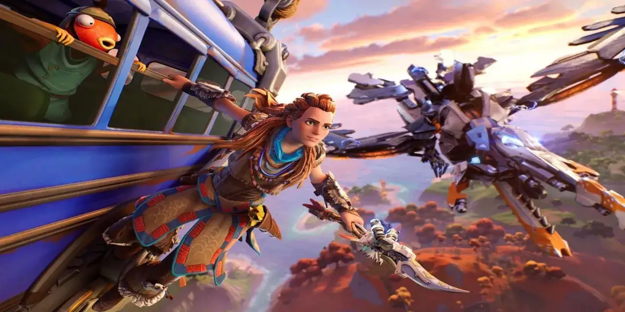 Aloy z Horizon online na latającym pojeździe, obok niej mechaniczny ptak. W tle chmury i krajobraz.