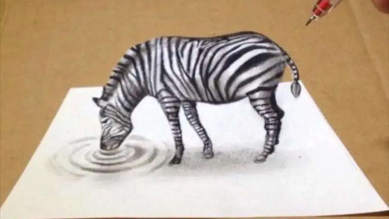 Un z&egrave;bre en trompe l'oeil dessin, buvant dans une flaque d'eau qui semble sortir de la feuille. L'illusion est saisissante.