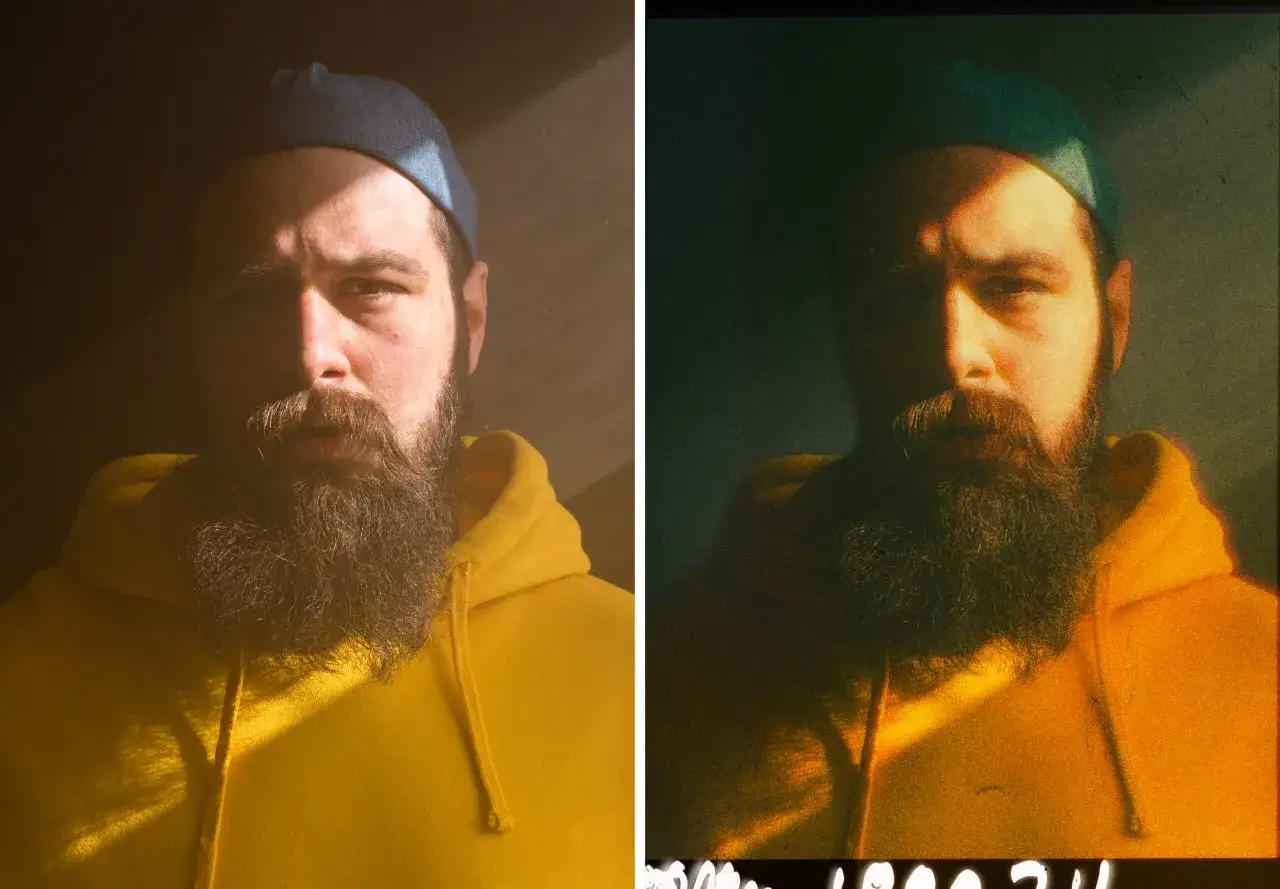 Dwa portrety mężczyzny z brodą w żółtej bluzie i niebieskiej czapce, uchwycone w charakterystycznym stylu zdjecia z analoga.