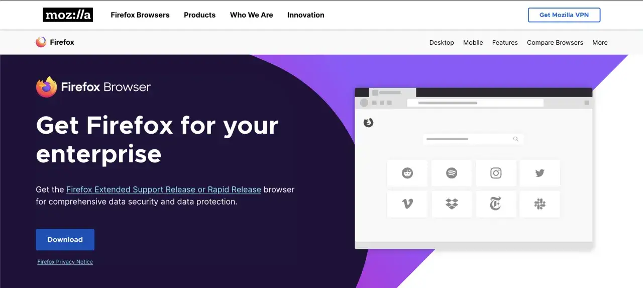 Pobierz Firefox Extended Support Release dla swojej firmy. Zapewnia bezpieczeństwo i ochronę danych.