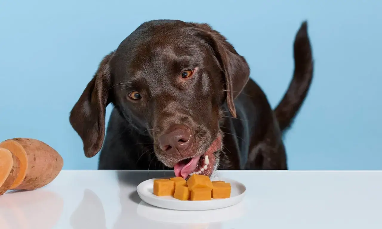 Un perro labrador marr&oacute;n se inclina para comer cubos de boniato de un plato. &iexcl;Los perros pueden comer boniato!