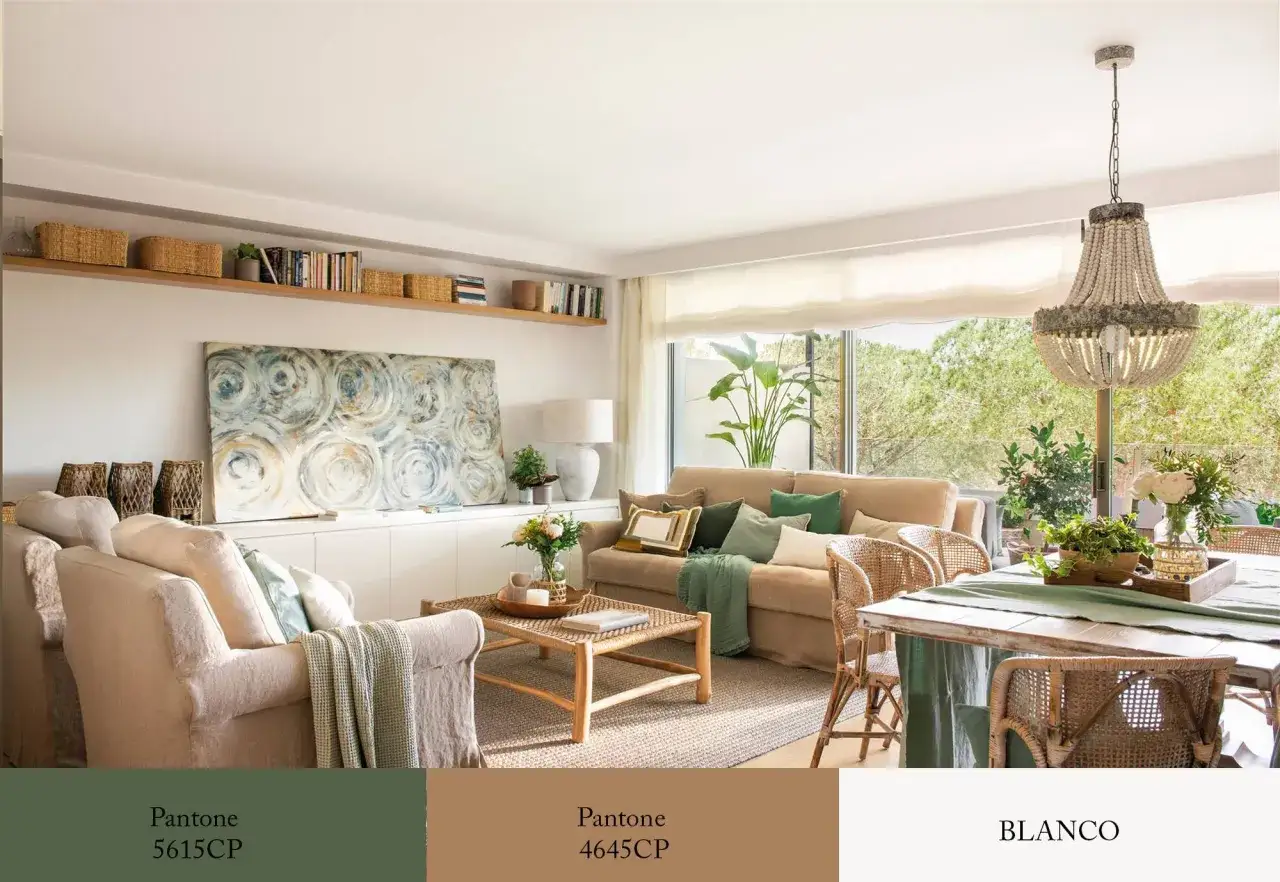 Paleta de colores para pintar muebles de madera: verde, marrón y blanco. Inspiración para un salón acogedor.
