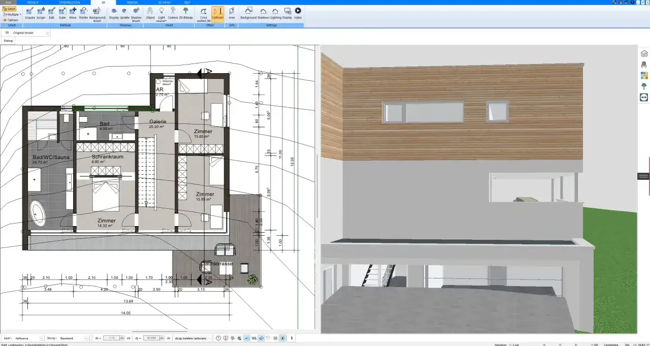 A 2D floor plan and 3D model of a house are shown side-by-side, detailing rooms like a sauna, gallery, and bedrooms, before you remodel.