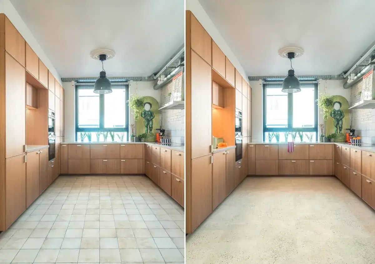 Cucina con pavimento in piastrelle trasformata in un nuovo pavimento moderno, un modo intelligente per cambiare pavimento senza tagliare porte.
