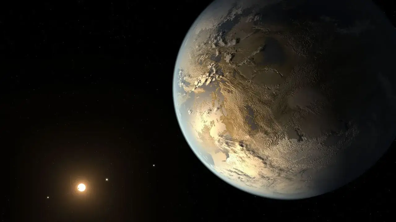 Wyobraź sobie Kepler-186f, planetę z potencjalną wodą, widzianą z kosmosu. W oddali świeci jej gwiazda.