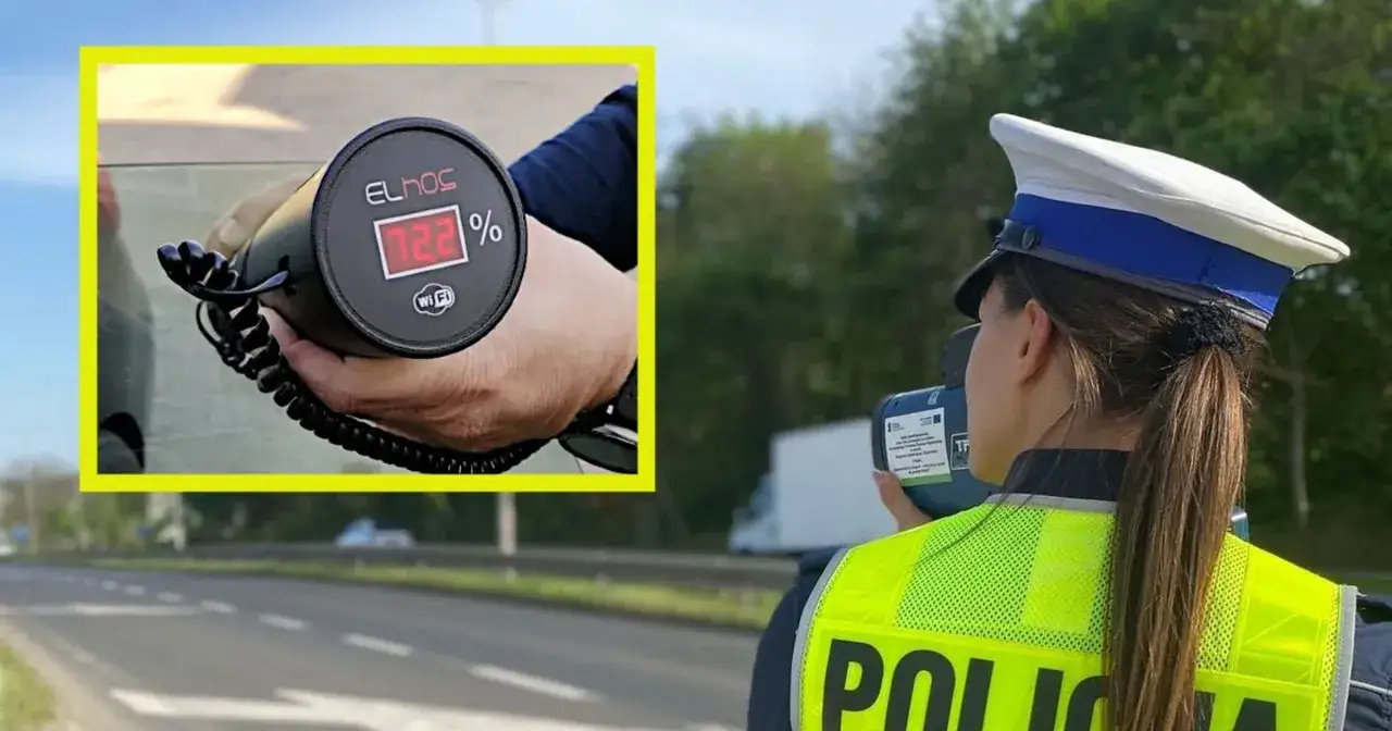 Policjantka mierzy przyciemnienie szyb. Czy można przyciemnić przednie szyby? Urządzenie pokazuje 72,2%.