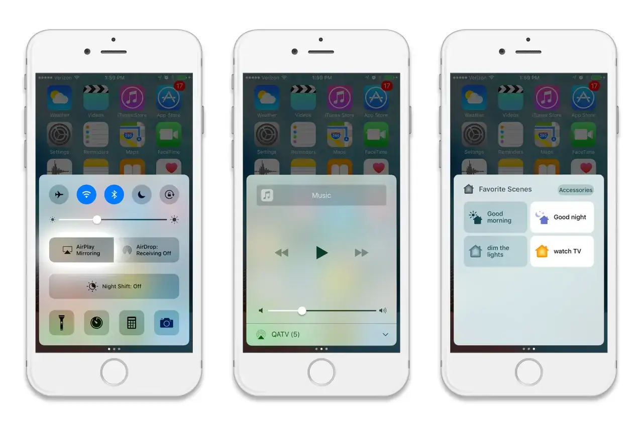Trzy iPhone'y pokazujące Control Center: AirPlay Mirroring, sterowanie muzyką i ulubione sceny HomeKit.