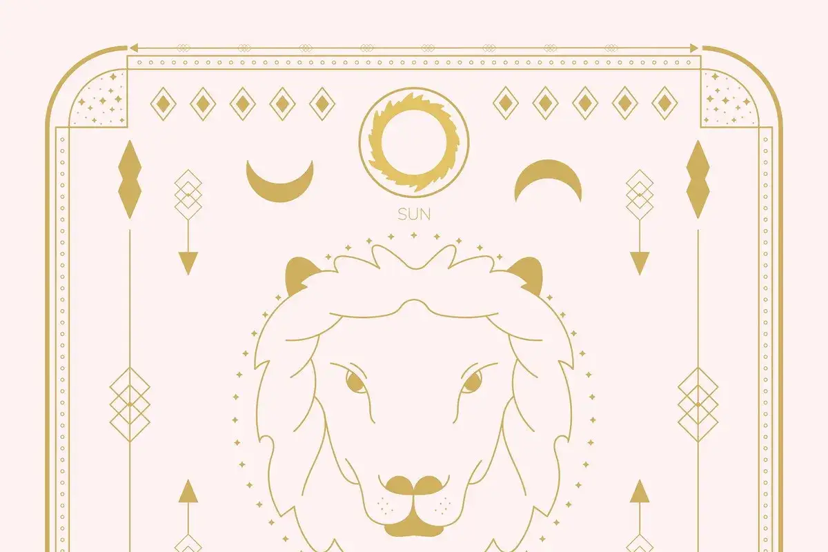 Złoty lew z grzywą, otoczony symbolami słońca, księżyców i geometrycznymi wzorami. Astrologiczny lew data.