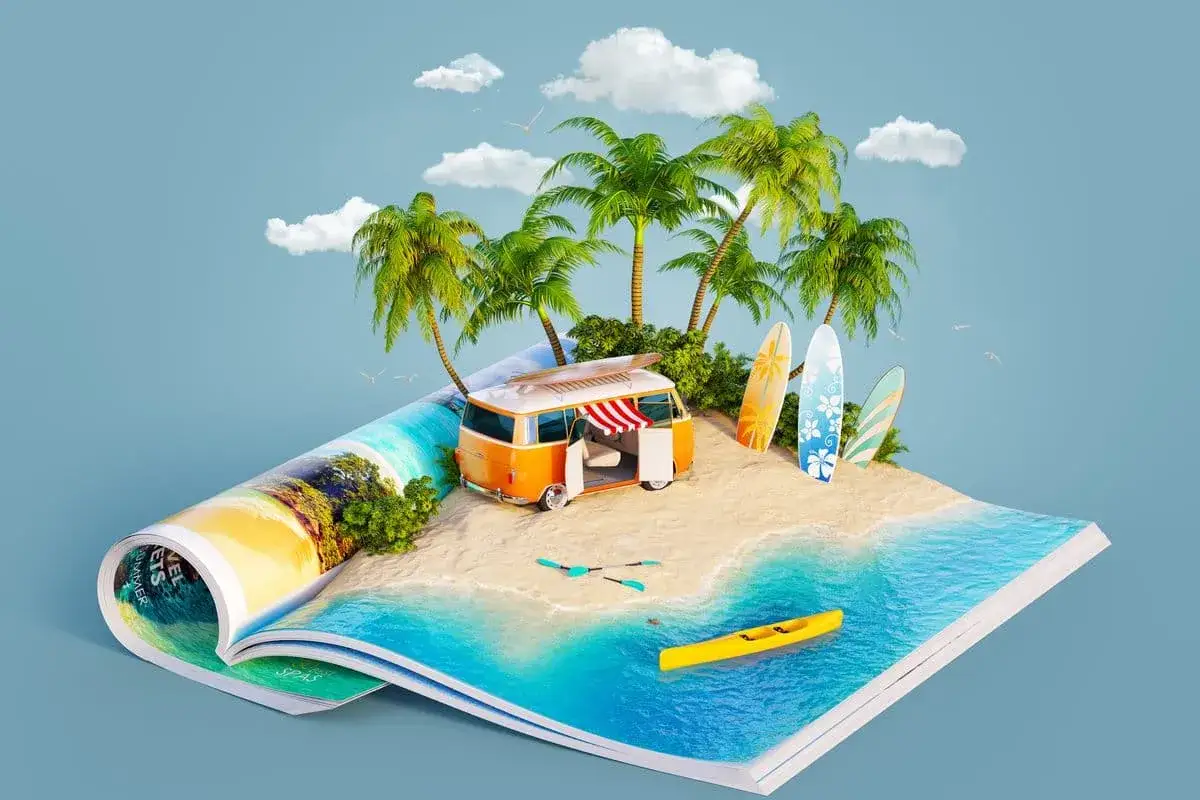 Otwarta księga o wakacjach, z plażą, palmami, kamperem i deskami surfingowymi. Idealny wiersz o wakacjach.