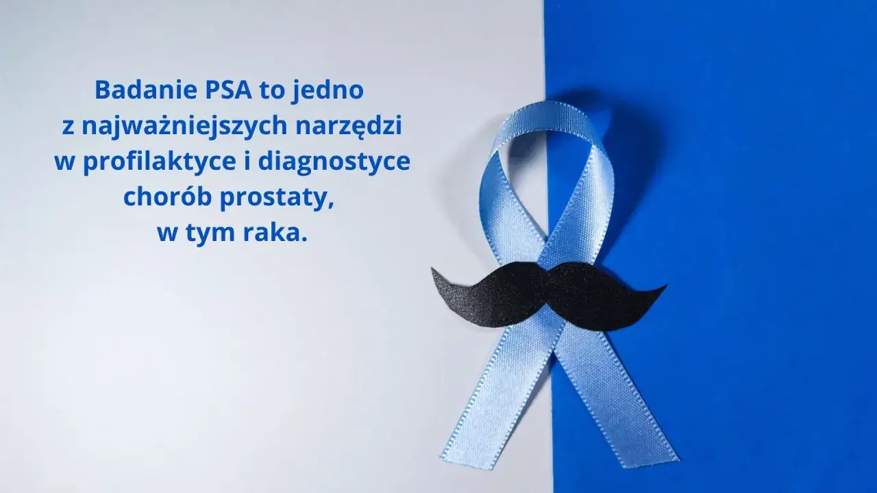 Niebieska wstążka z wąsami symbolizuje profilaktykę raka prostaty. Badanie PSA jest kluczowe.