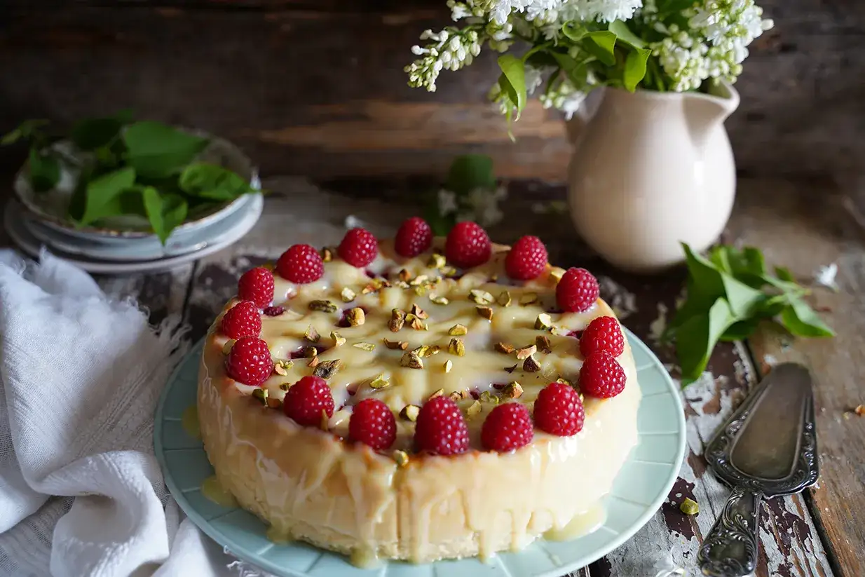 Pyszny tort z malinami i pistacjami. Krem pistacjowy z czym łączyć? Z malinami i chrupiącymi orzeszkami.