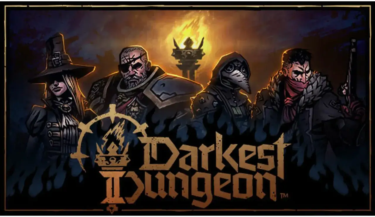 Czterech bohaterów z gry Darkest Dungeon II, w tym postać w masce ptaka i kobieta w kapeluszu, stoi przed płonącą pochodnią.