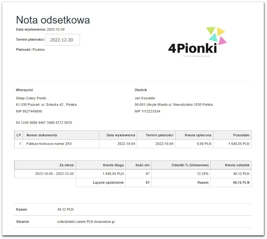 Faktura z odsetkami i rekompensatą