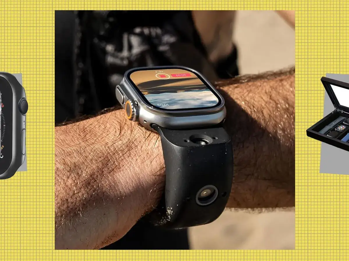 Najnowszy Apple Watch na ręce, z widokiem na krajobraz na ekranie. Obok pudełko z innymi zegarkami.