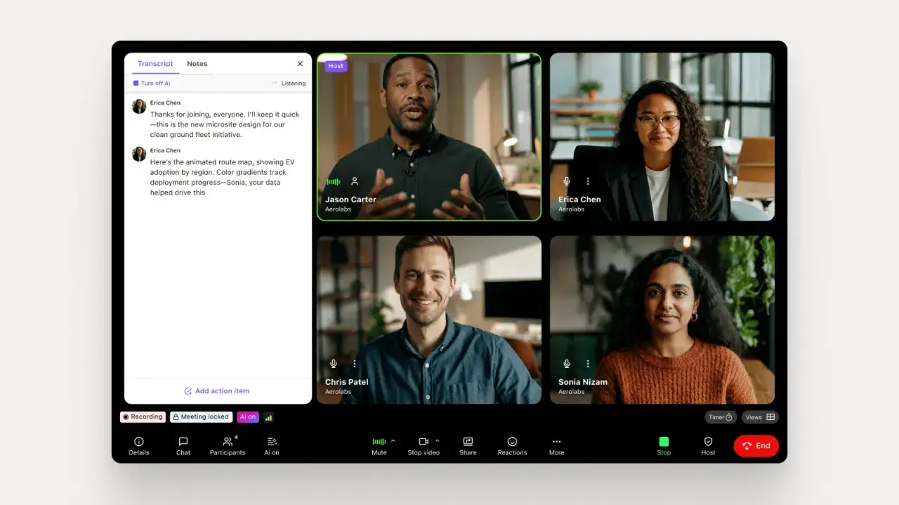 Interfaz de videollamadas online gratis con cuatro participantes y transcripci&oacute;n en vivo.