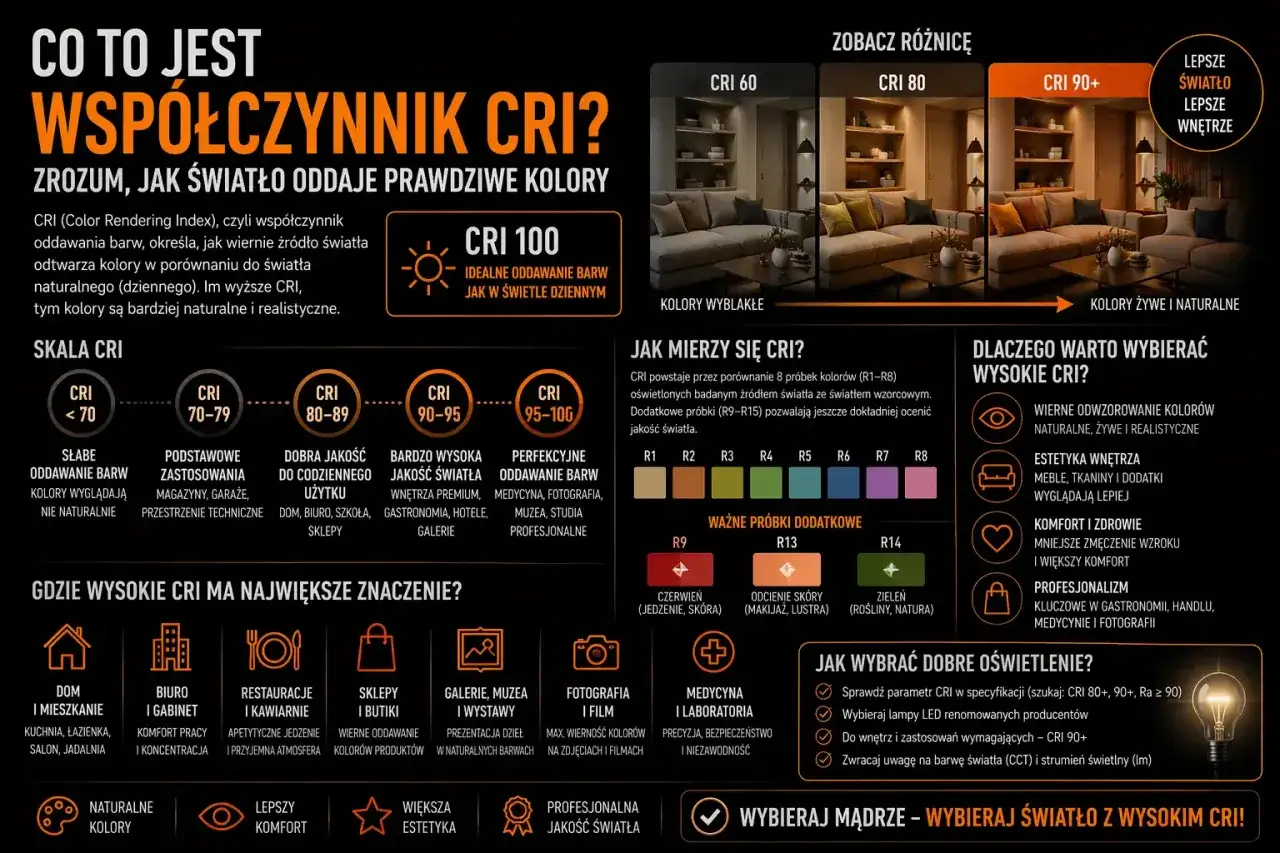 Wnętrza z CRI 80-89 zapewniają dobrą jakość światła do codziennego użytku, a CRI 90+ to perfekcyjne oddawanie barw, idealne dla profesjonalistów.