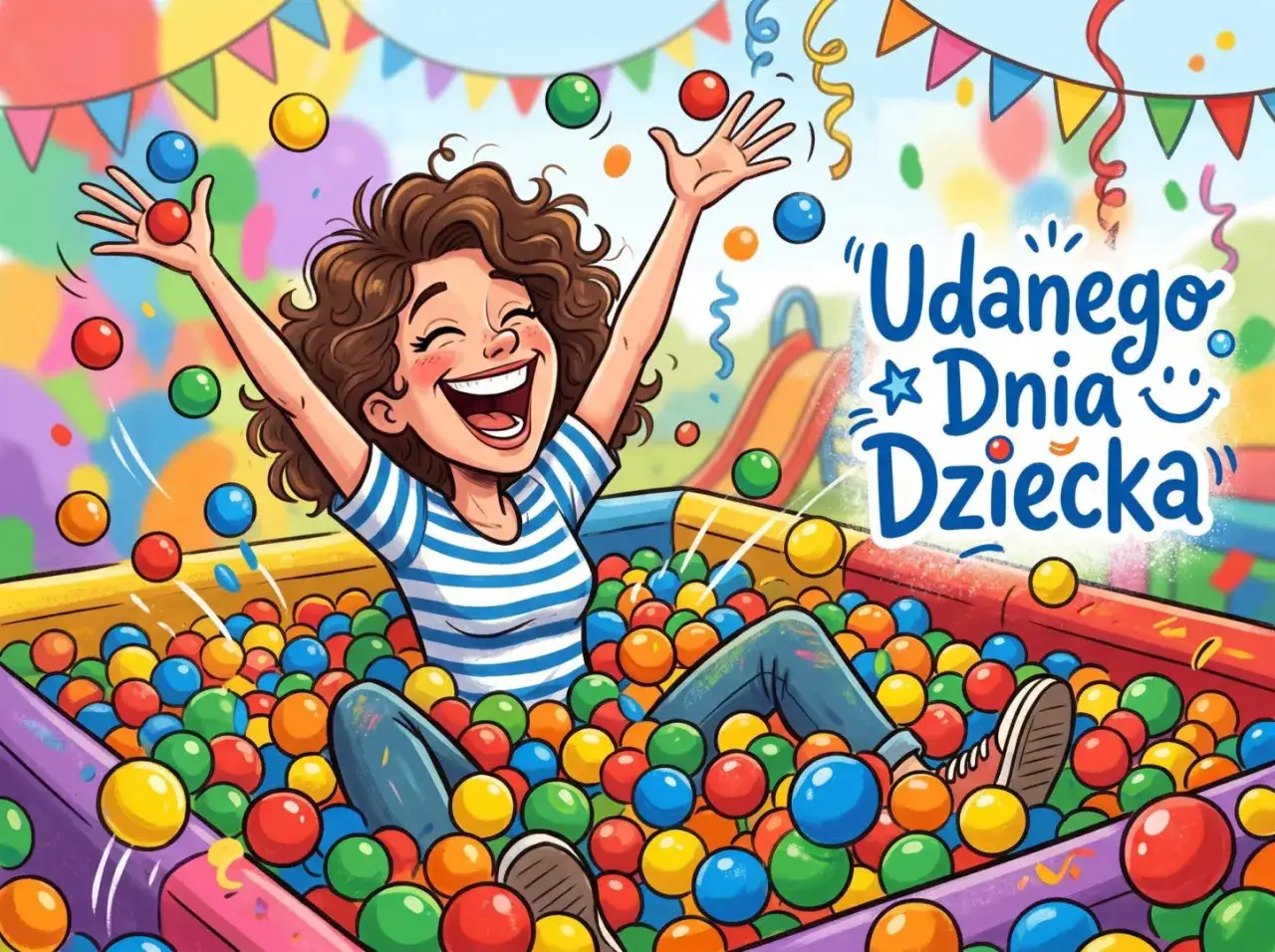 Radosna dziewczynka w basenie z piłeczkami, otoczona kolorowymi balonami i serpentynami. Wesołe życzenia na Dzień Dziecka!
