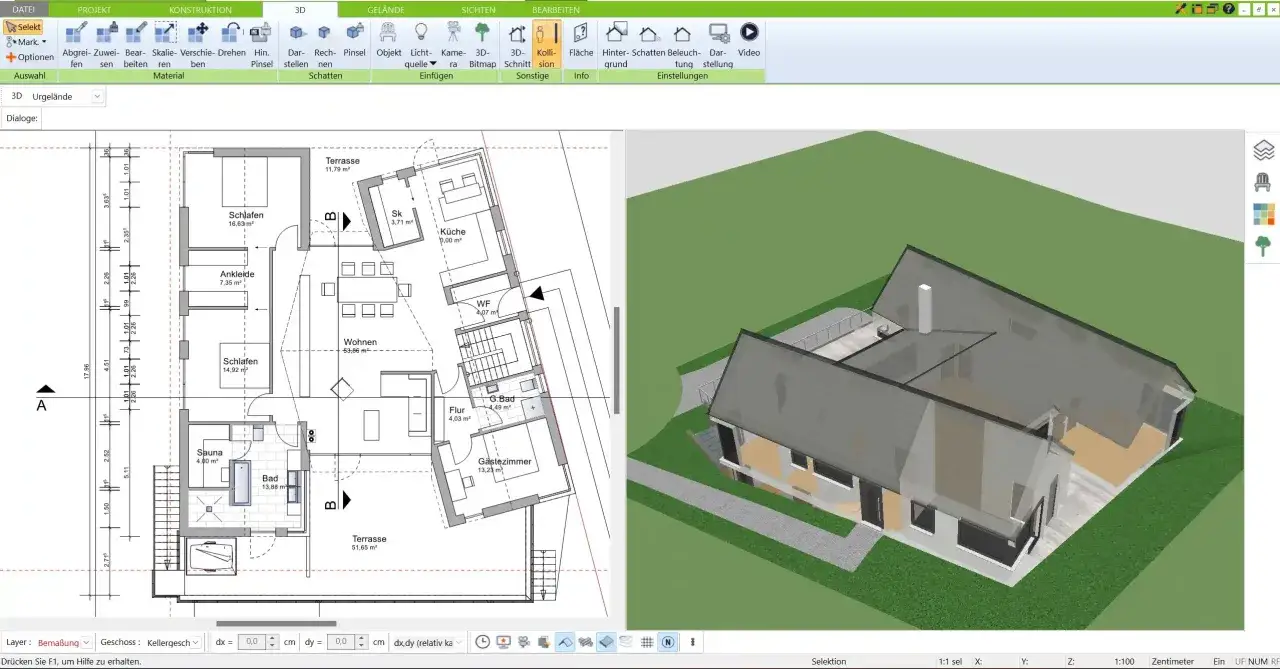 Grundriss in 3D umwandeln: Ein 2D-Grundriss wird zu einem dreidimensionalen Hausmodell mit Räumen wie Wohnen, Küche und Schlafzimmer.