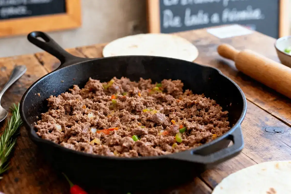Po&ecirc;l&eacute;e de b&oelig;uf hach&eacute; et l&eacute;gumes, pr&ecirc;te pour une d&eacute;licieuse recette fajitas boeuf.