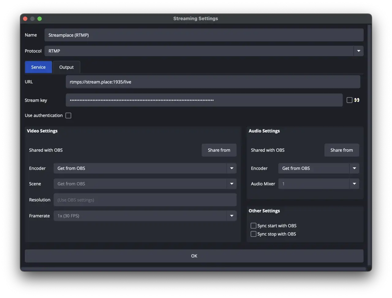 Streaming settings for RTMP protocol, showing URL, stream key, and video/audio configurations for restreaming.