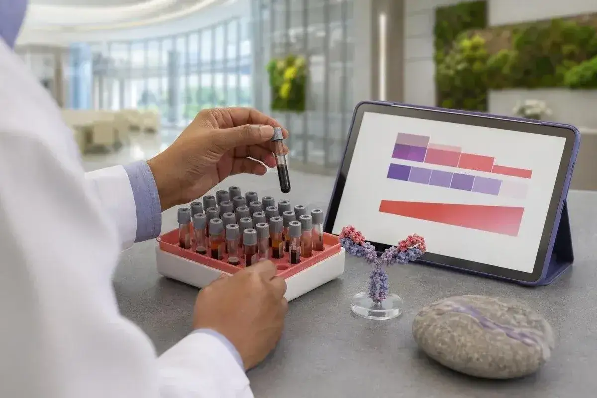Laborant pr&uuml;ft Proben f&uuml;r einen igg4 Test. Auf dem Tablet sind Diagramme zu sehen, daneben ein Antik&ouml;rpermodell.