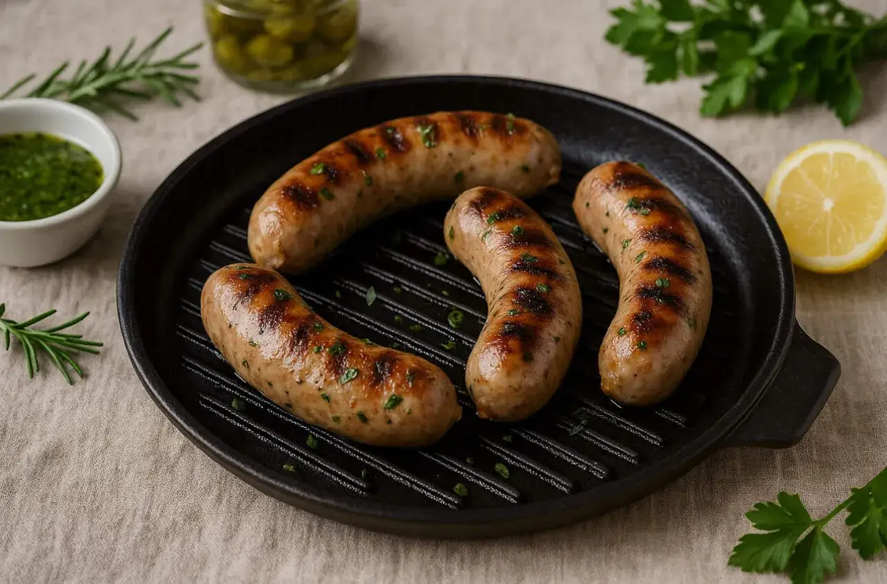 Apetyczna biała kiełbasa z grilla, skropiona ziołami, podana na patelni grillowej z cytryną i sosem.