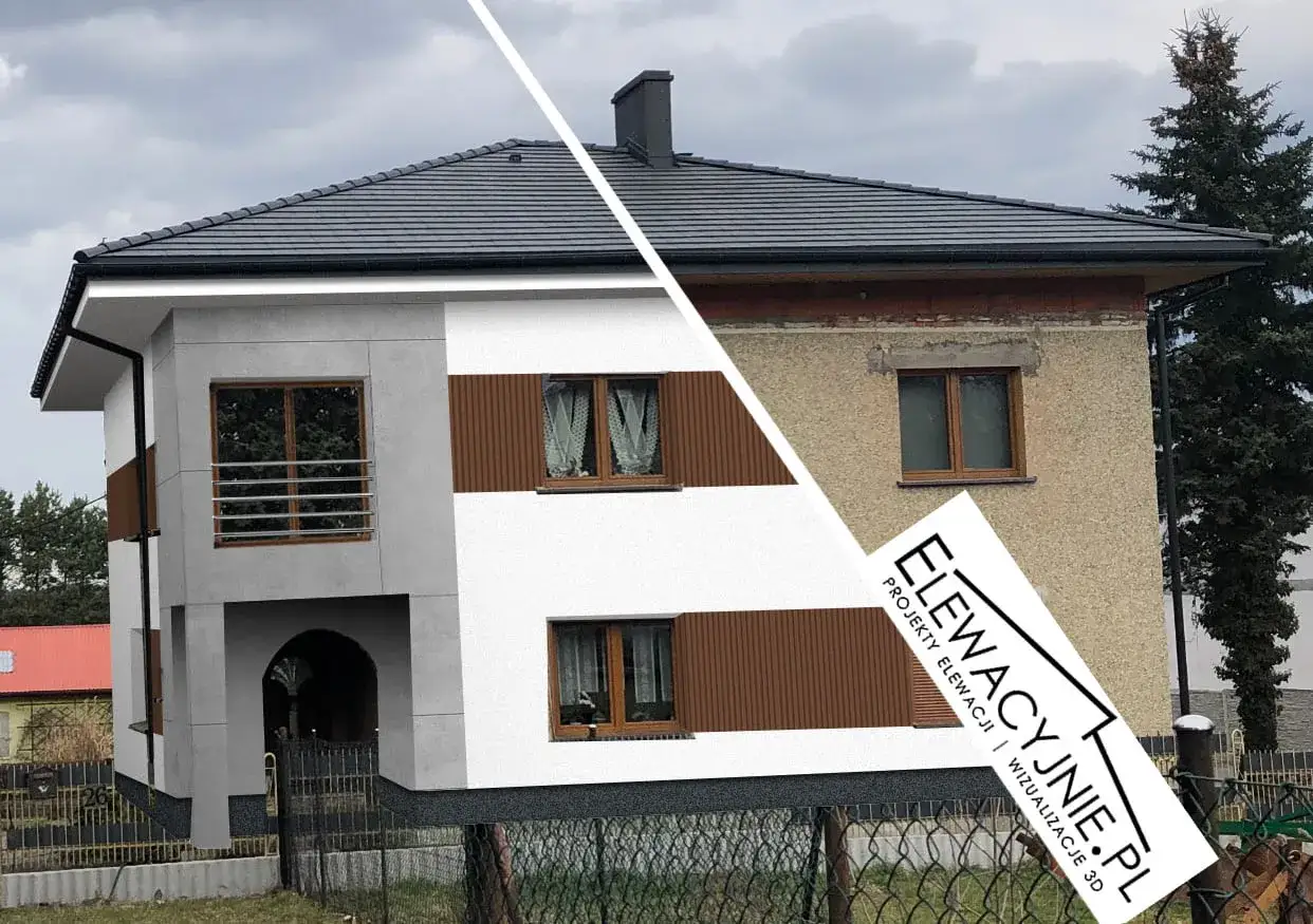 Projekt elewacji starego domu: wizualizacja 3D pokazuje metamorfozę, od zniszczonej fasady do nowoczesnego wyglądu.