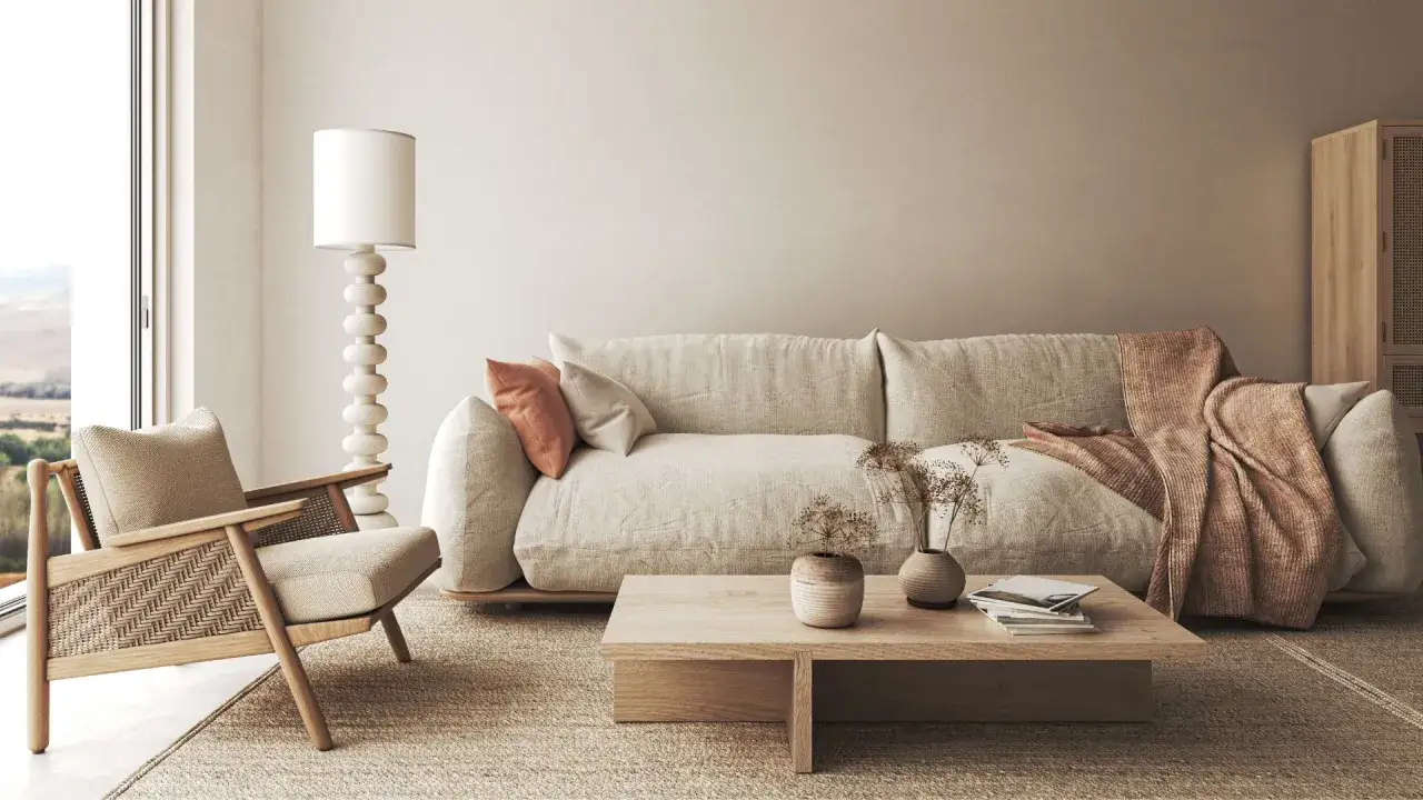 Acogedor sal&oacute;n verde y beige con sof&aacute; de lino, sill&oacute;n de madera y mesa de centro de roble.