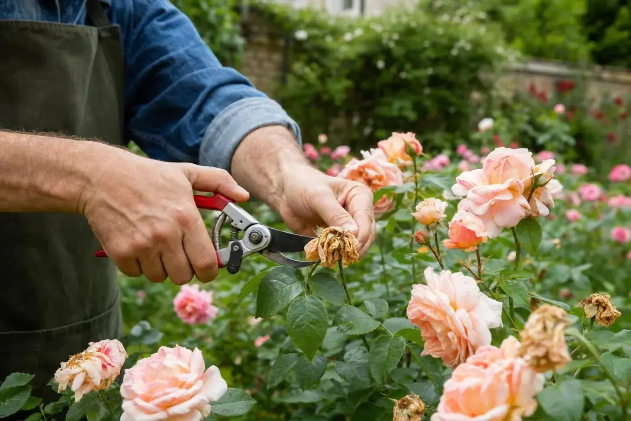 Un jardinier taille un rosier fan&eacute;, entour&eacute; de fleurs roses et p&ecirc;che. Le terreau rosier nourrit ces beaut&eacute;s.