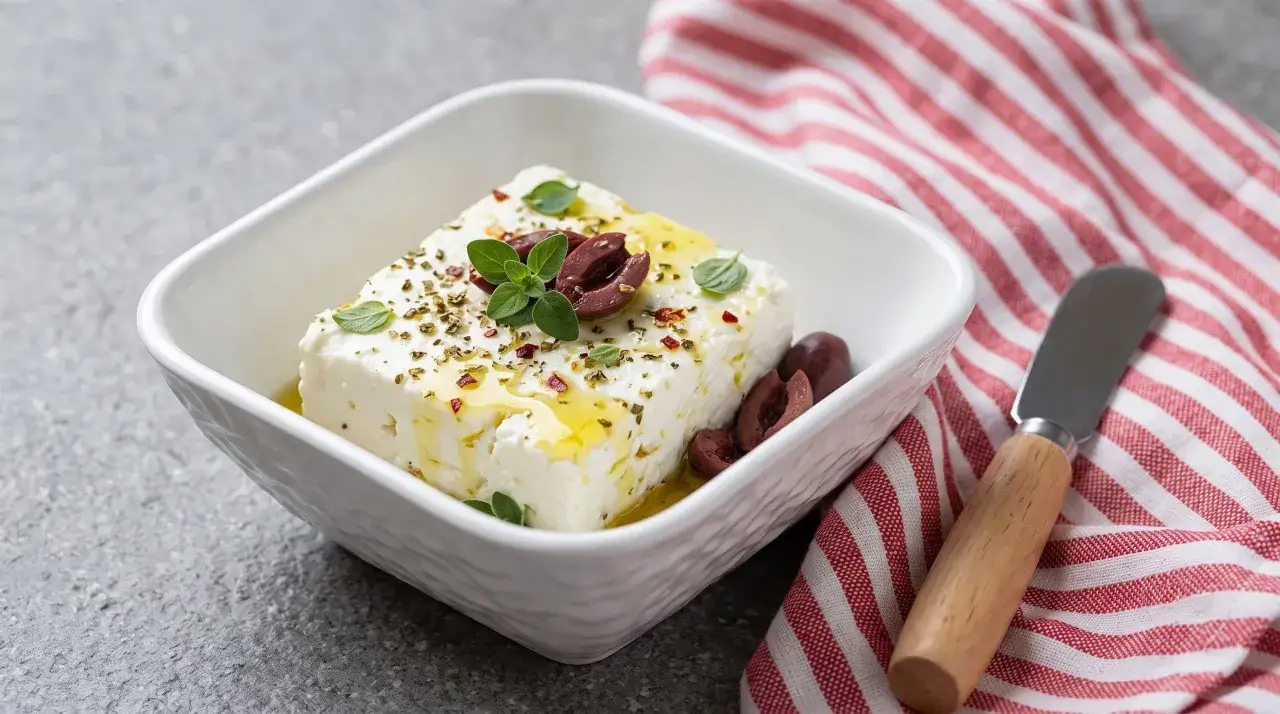 Porzione feta condita con olio, erbe e olive, pronta per essere gustata.