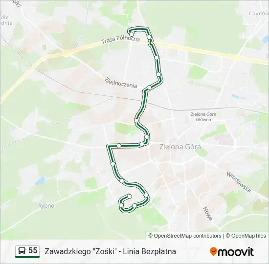 Mapa trasy Zielona Góra Żary autobus przystanki
