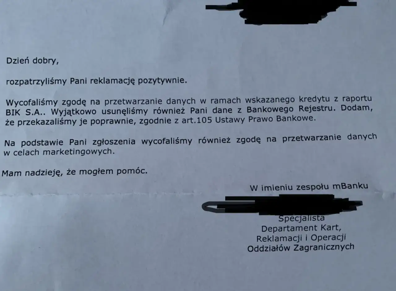 Pismo bankowe potwierdzające wycofanie zgody na przetwarzanie danych w BIK S.A. i celach marketingowych.