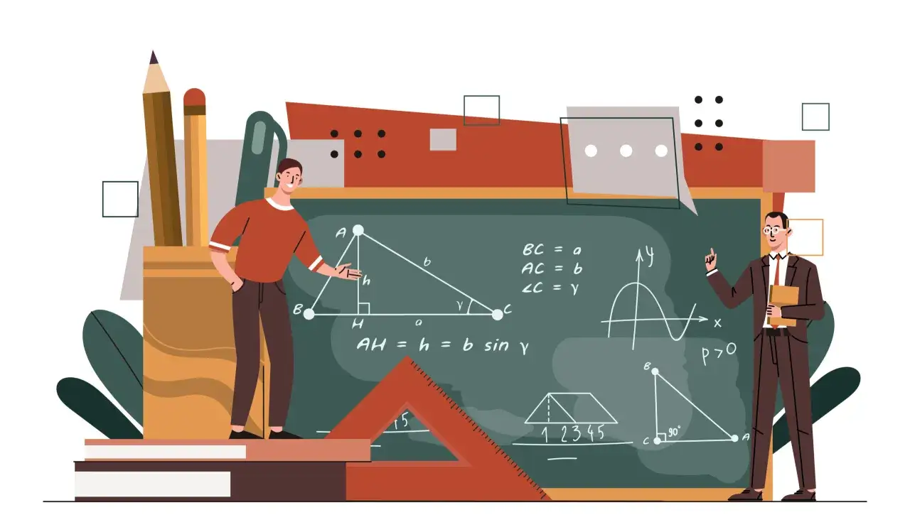 Profesor nadzwyczajny wyjaśnia trygonometrię przy tablicy. Obok stoją uczniowie, a na tablicy rysunki geometryczne i wzory.