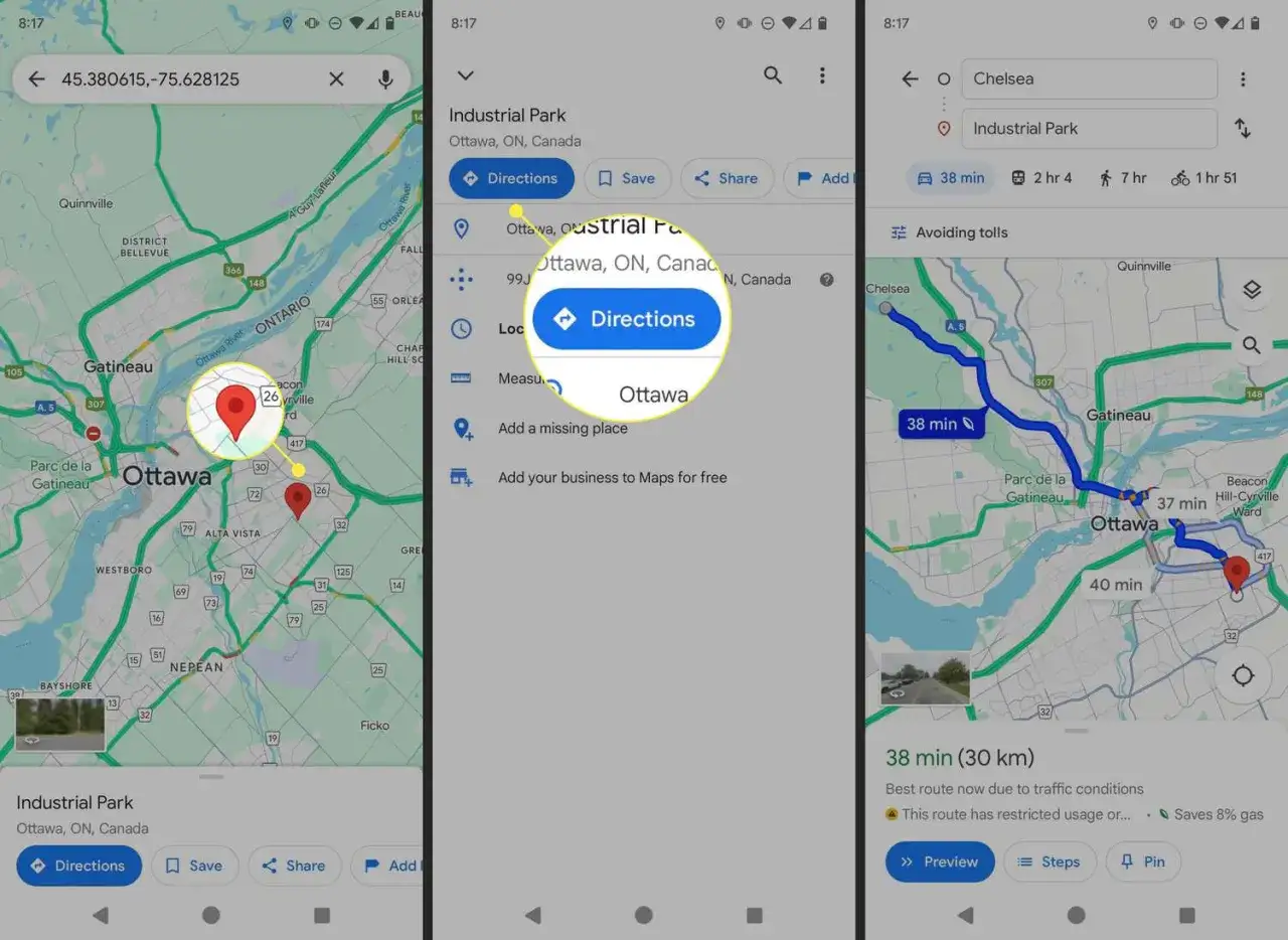 Trzy ekrany telefonu z Mapami Google pokazują trasę do 