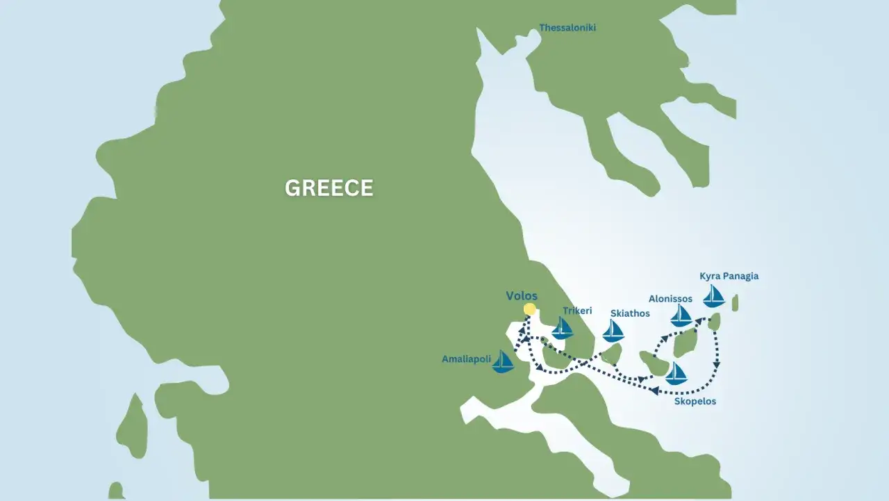 Karte der Sporaden mit Segelrouten von Volos &uuml;ber Skiathos, Skopelos, Alonissos und Kyra Panagia.