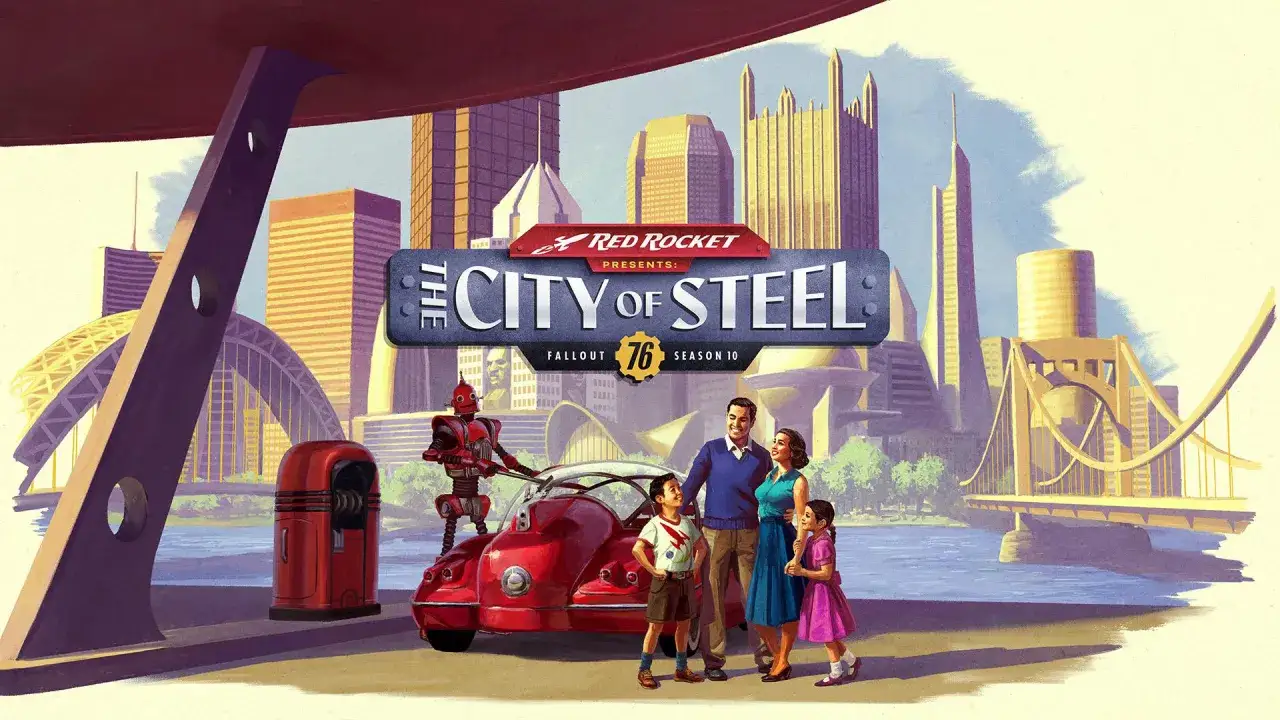 A retro-futuristic family poses with a robot and a classic car in a city skyline, rendered in a distinct fallout art style.