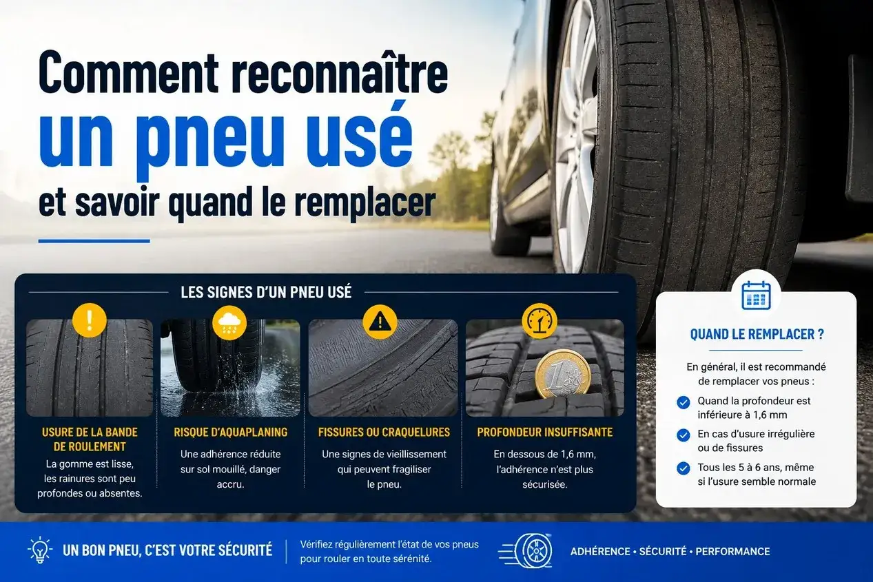 Guide visuel pour savoir quand changer ses pneus : usure, aquaplaning, fissures, profondeur insuffisante. Sécurité routière.