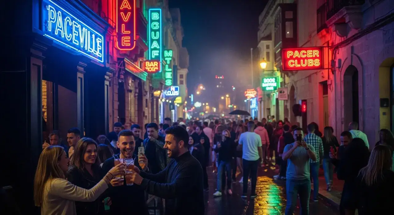 Tłum ludzi świętuje nocą na ulicy Paceville na Malcie. Czy na Malcie jest bezpiecznie dla kobiet? W tej tętniącej życiem okolicy, pełnej neonów i klubów, wiele osób bawi się razem.