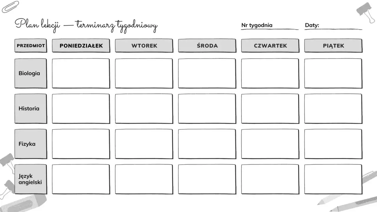 Plan lekcji, pusty kalendarz wz&oacute;r do wypełnienia. Przedmioty: Biologia, Historia, Fizyka, Język angielski. Dni tygodnia: Poniedziałek, Wtorek, Środa, Czwartek, Piątek.
